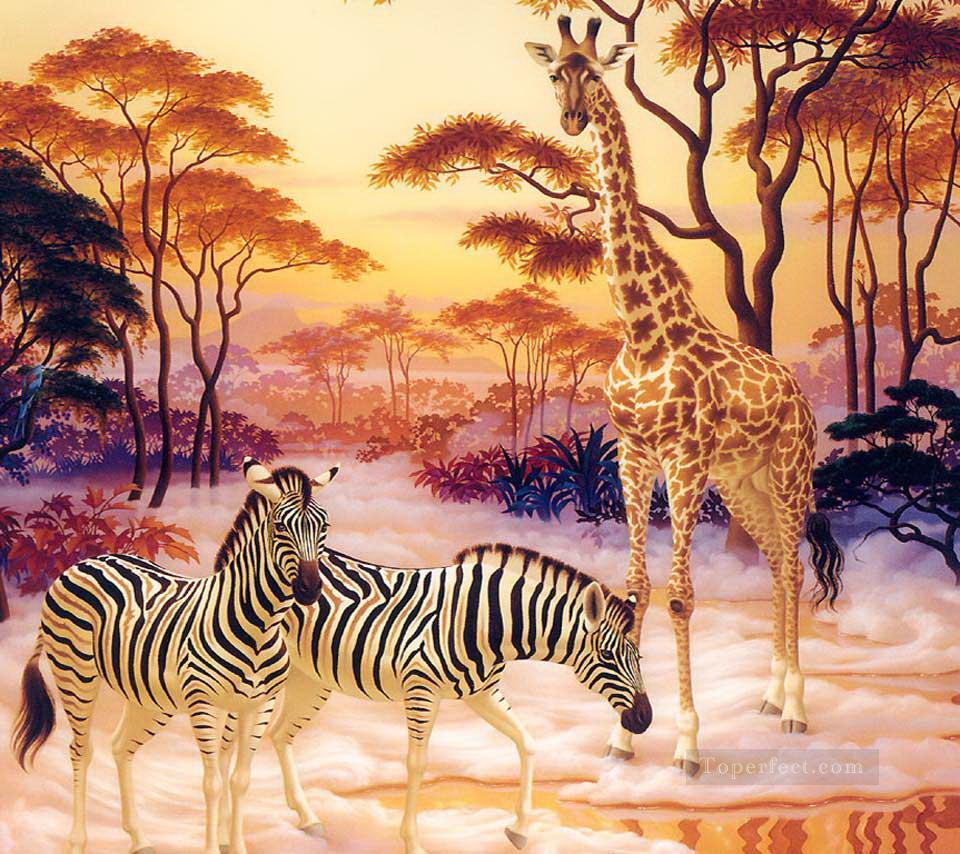 zebra and elk under red trees Oil Paintings
